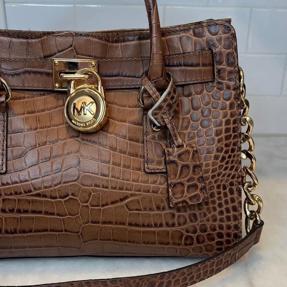 Michael Kors Bag Purse Handbag Croc Embossed Leather Brown Hamilton Tote Bag